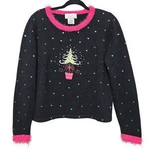 Vintage Mandal Bay Ugly Christmas Sweater S Black Sequin Tree Fuzzy Pink Trim
